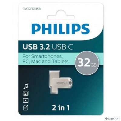 PHILIPS USB Drive 32Gb PHILIPS 2-in-1 USB 3.2 USB C, OTG, USB 3.2/Type-C, Металл, 100 MB/s