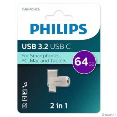 PHILIPS USB Drive 64Gb PHILIPS 2-in-1 USB 3.2 USB C, OTG, USB 3.2/Type-C, Металл, 100 MB/s