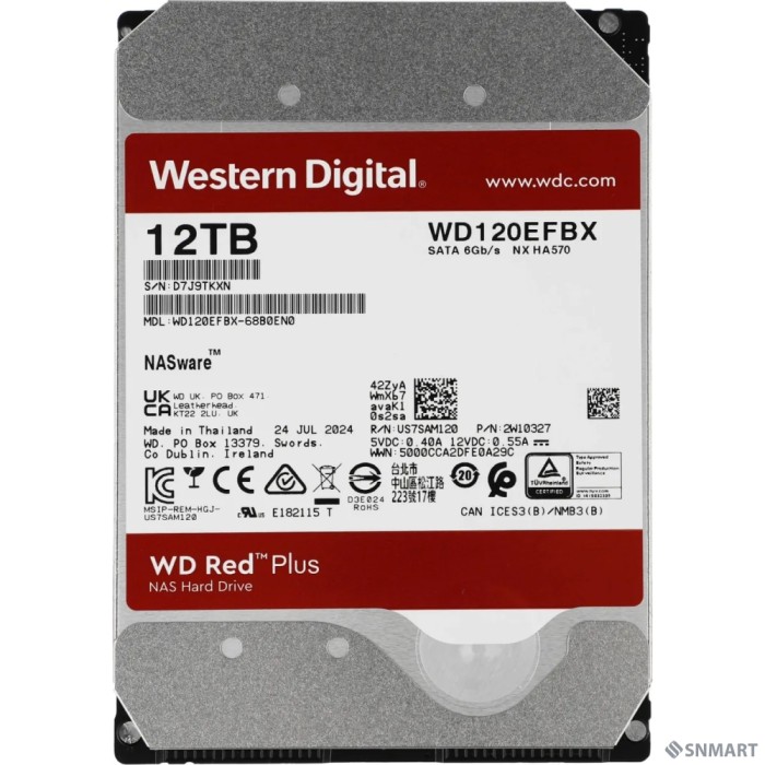 12TB WD Red Plus (WD120EFBX) [Serial ATA III, 7200- rpm, 256Mb, 3.5", NAS Edition]
