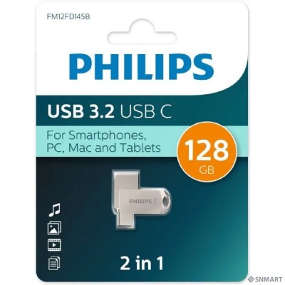 PHILIPS USB Drive 128GB 2-in-1 USB 3.2 USB C, OTG, USB 3.2/Type-C, Металл, 100 MB/s