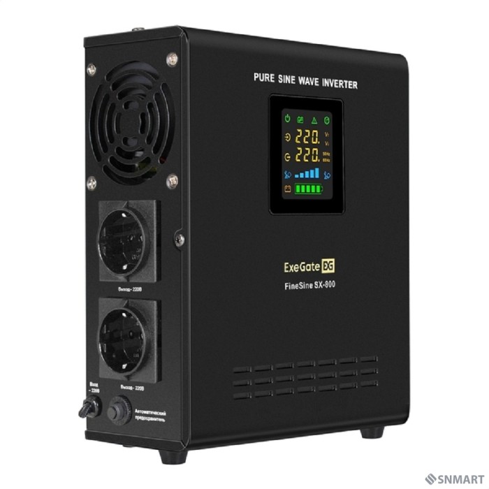 Exegate EX295996RUS ИБП (инвертор, синус, для котла) настенный ExeGate FineSine SX-800.LCD.AVR.2SH <800VA/500W, чистая синусоида, цветной LCD-дисплей, AVR, 2*Schuko, линейно-интерактивный, внешняя бат