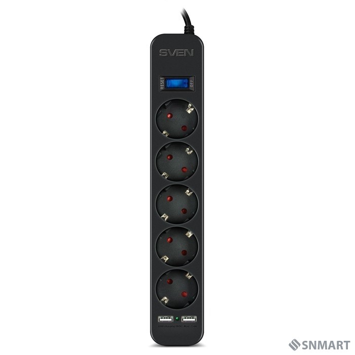 SVEN Фильтр SF-05LU 1,8 м (5 евро розеток,2*USB(2.4А)), черный, цветная коробка [SV-018832]