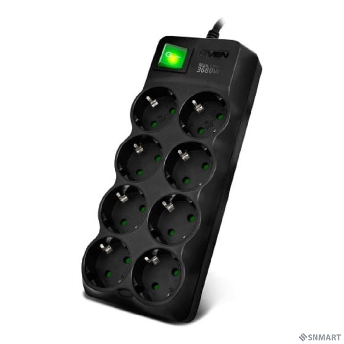 SVEN Фильтр SF-08E-16 3,0 м (8 розеток с защитными шторками,16А) черный, цветная коробка [SV-021610]
