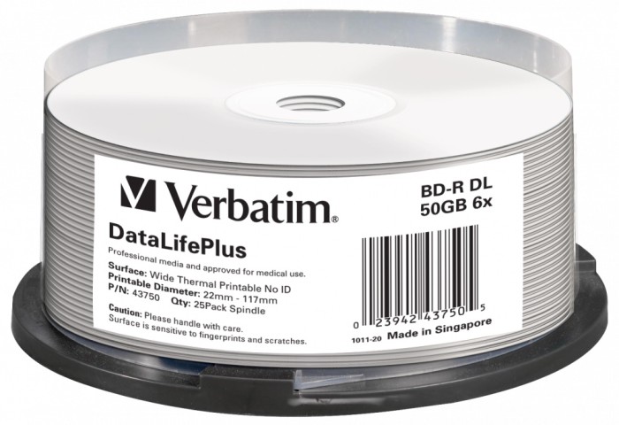 Диск BD-R Verbatim 50Gb 6x Cake Box (25шт) Double Layer Printable (43750)
