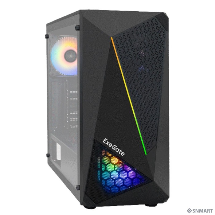 Exegate EX292858RUS Корпус Miditower ExeGate EVO-8225 (ATX, без БП, 2*USB+1*USB3.0, черный, 2 вент. с RGB подсветкой и полоса на передней панели, боковая панель - закаленное стекло)
