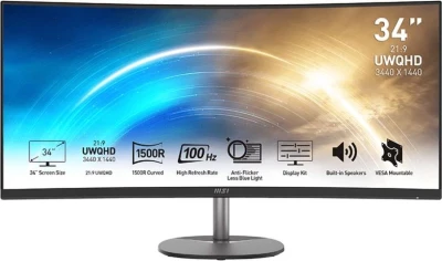 Монитор MSI 34&quot; Pro MP341CQ черный VA LED 1ms 21:9 HDMI M/M матовая 300cd 178гр/178гр 3440x1440 100Hz FreeSync DP 2K 7.7кг