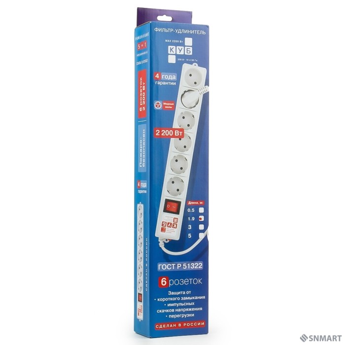 PowerCube Фильтр-удлинитель (SPG(5+1)-B-6), 1,9 м 6 розеток 10А/2,2кВт, серый