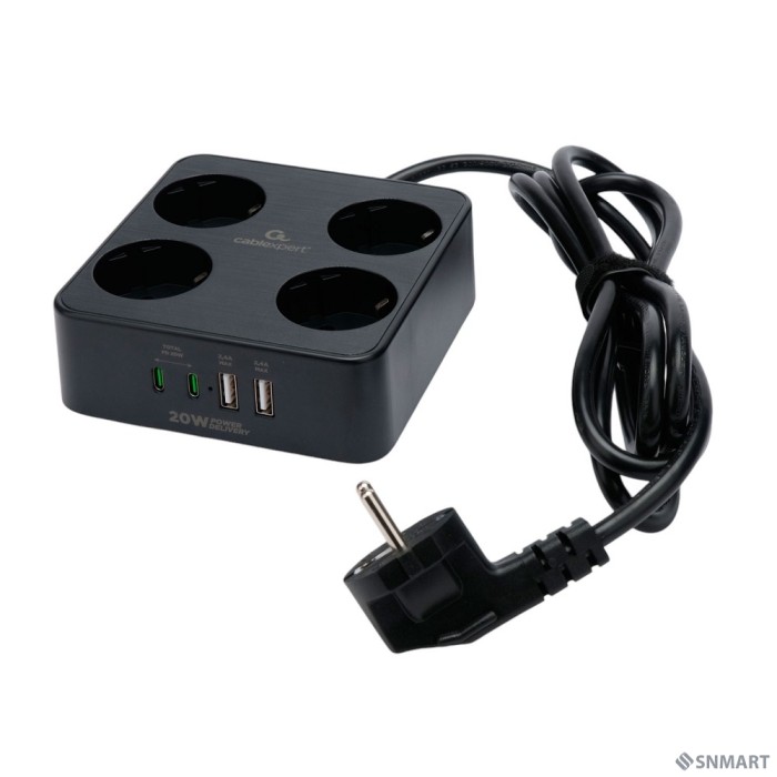 Cablexpert Сетевой фильтр Plate PLT-4-C2U2-B-3 (4р, 10А, 2xType-C PD, 20Вт, 2xUSB, 3м, ур.защиты 4+) черный, коробка [22563]