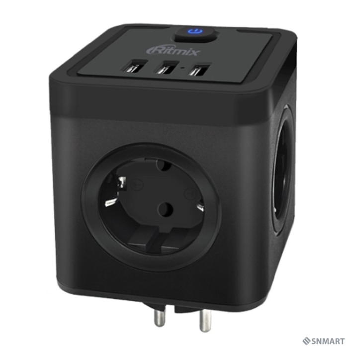 RITMIX RM-043 Black Сетевой фильтр с кнопкой питания [16А, 4 розетки, 3 USB] [80003359]