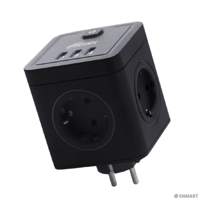RITMIX RM-043 Black Сетевой фильтр с кнопкой питания [16А, 4 розетки, 3 USB] [80003359]