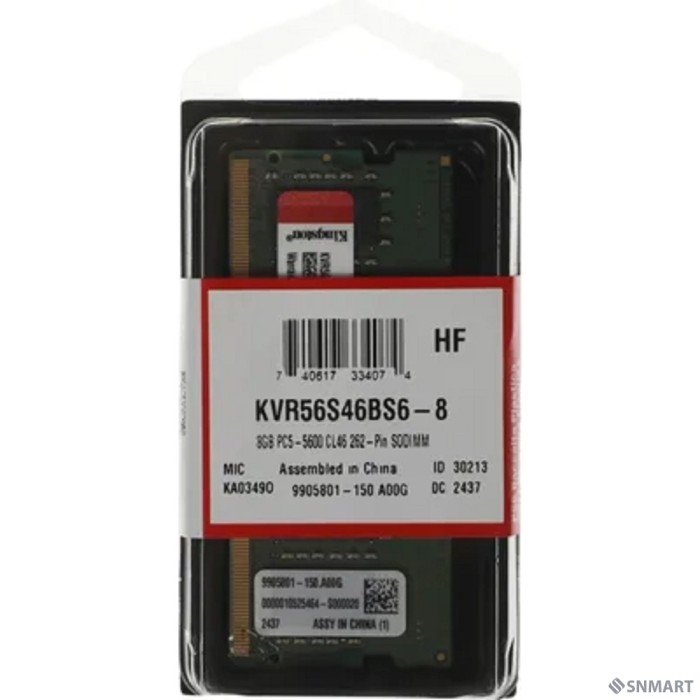 Kingston 8GB 5600MT/s DDR5 Non-ECC CL46 SODIMM 1Rx16 KVR56S46BS6-8