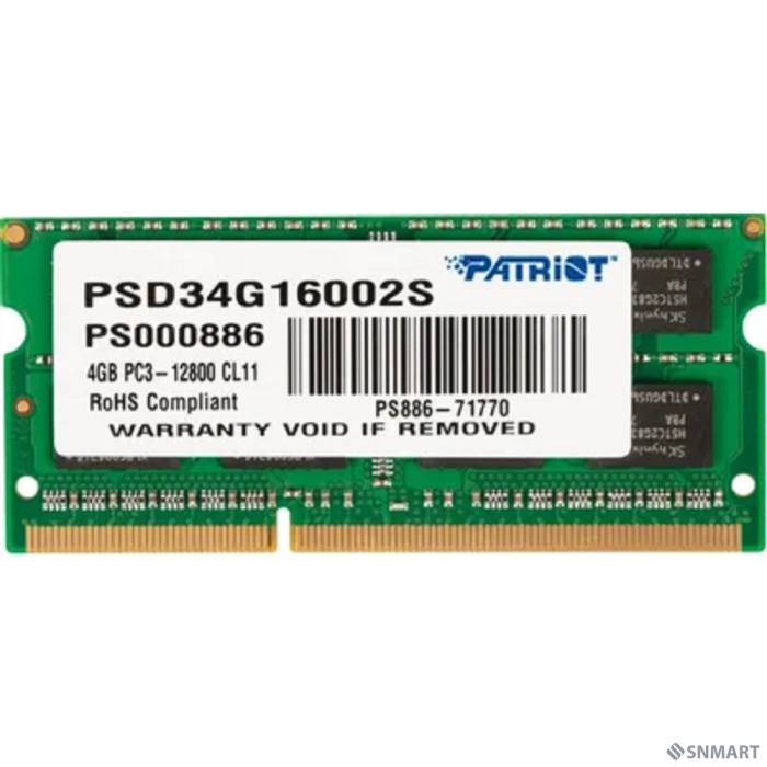 Patriot DDR3 SODIMM 4GB PSD34G16002S (PC3-12800, 1600MHz, 1.5V)