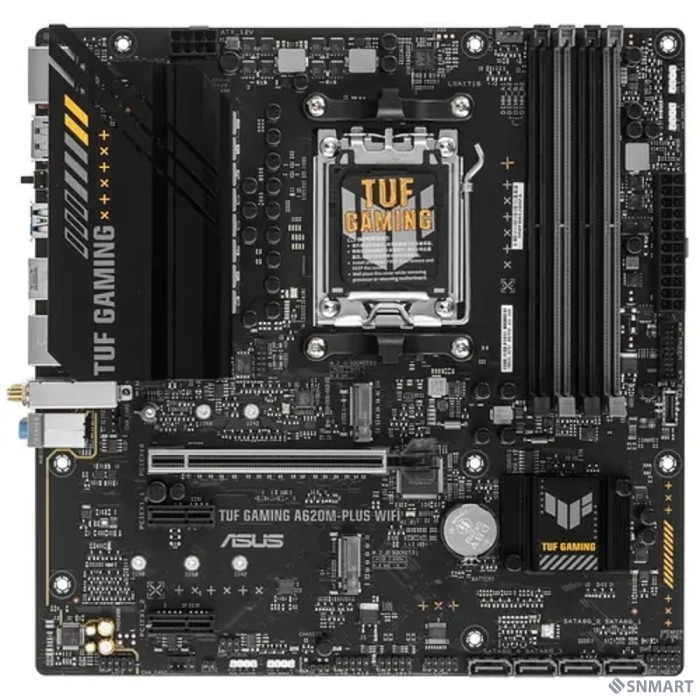 ASUS TUF GAMING A620M-PLUS WIFI (Socket AM5, mATX, 4xDDR5(128GB), 2xDP/HDMI 2.1, 1xPCIe 4.0x16/2xPCIe 3.0, 1xLAN (2.5GbE), Wi-Fi, BT, 4xSATA 6Gb/s, 2xM.2, 2xUSB 3.2, 4xUSB 2.0, 1xPS/2)