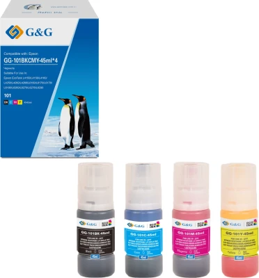 Чернила G&amp;G GG-101BKCMY-45ml*4 101BKCMY голубой/пурпурный/желтый/черный набор 4x45мл для Epson EcoTank L4150/L4156/L4160/L4250/L4260/L4266/L6160/L6170/L6176/L6190/L6260/L6270/L6276/L6290