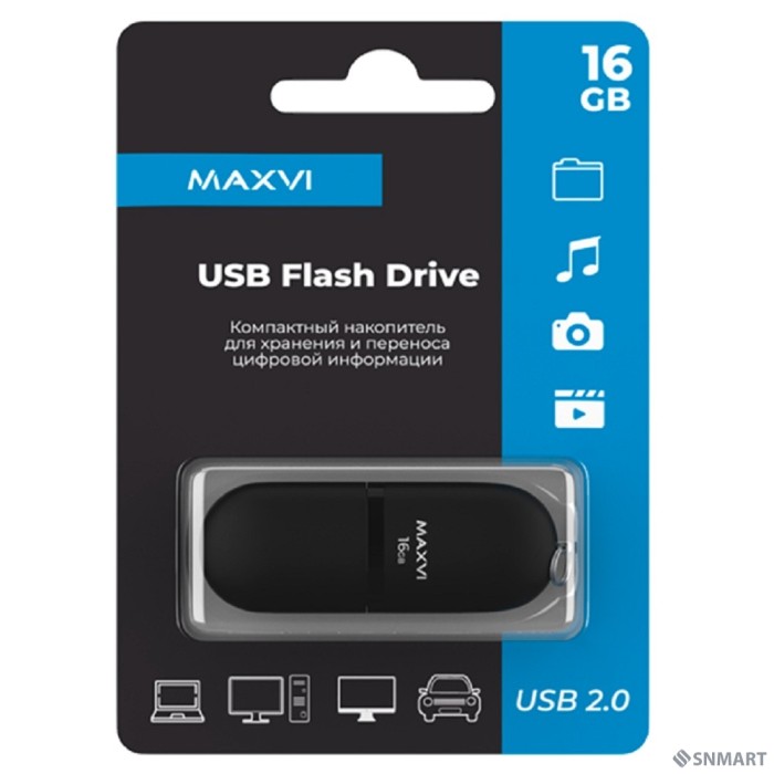 Maxvi USB Drive 16GB SF black, монолит с колпачком, soft touch, USB 2.0