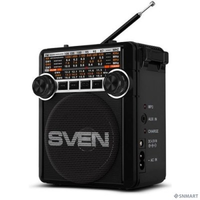 SVEN SRP-355, черный, радиоприемник (мощность 3 Вт (RMS), FM/AM/SW, USB, SD/microSD, фонарь, встроенный аккумулятор)