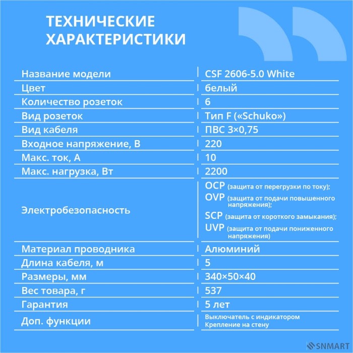 CBR Сетевой фильтр CSF 2606-5.0 White, 6 евророзеток, длина кабеля 5 метров, цвет белый (пакет)