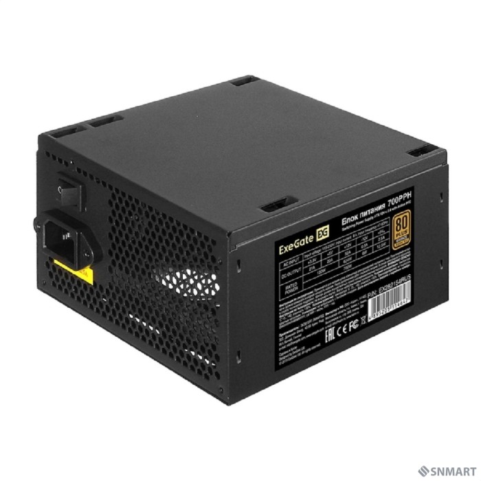 Exegate EX282154RUS Блок питания 700W ExeGate 80 PLUS® Bronze 700PPH (ATX, APFC, КПД 89% (80 PLUS Bronze), 12cm fan, 24pin, (4+4)pin, PCIe, 5xSATA, 3xIDE, black, Color Box)