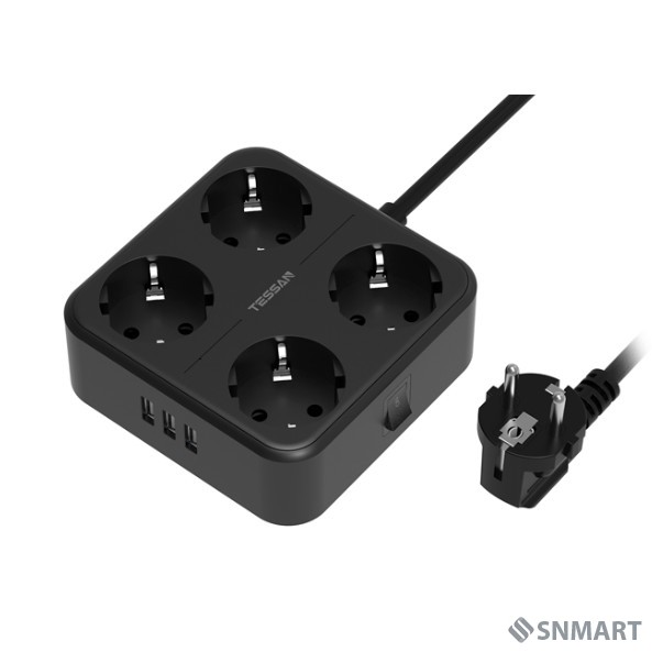 TESSAN TS-302 Black Сетевой фильтр с 4 розетками 220В и 3 USB портами и кнопкой питания [80001827]