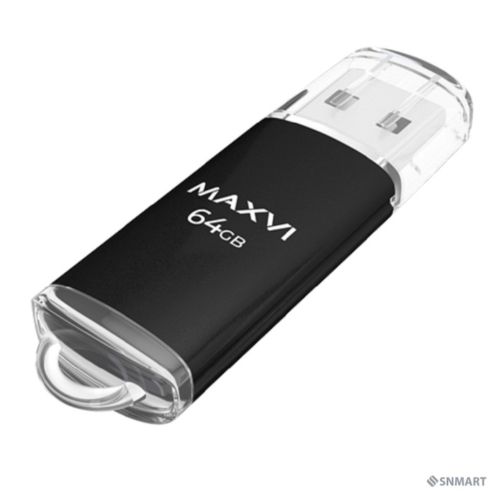 Maxvi USB Drive 64GB MP black, монолит с колпачком, металл + ABS пластик, USB 2.0