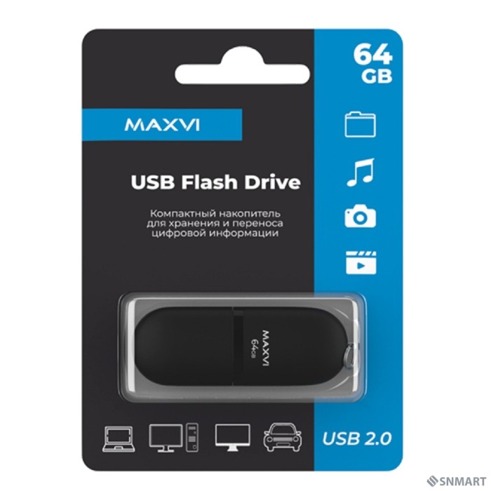 Maxvi USB Drive 64GB SF black, монолит с колпачком, soft touch, USB 2.0