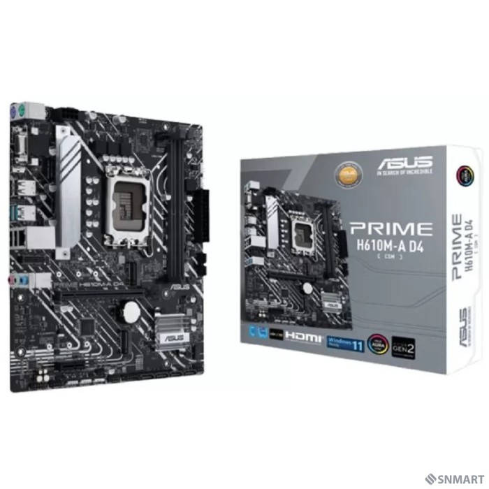 ASUS PRIME H610M-A D4-CSM (Socket 1700, mATX, 2xDDR4(64GB),  VGA/DP/HDMI 2.1, 1xPCIe 4.0x16/1xPCIe 3.0, 1xLAN, 4xSATA 6Gb/s, 2xM.2, 1xM.2 E key, 2xUSB 3.2, 4xUSB 2.0, 2xPS/2)