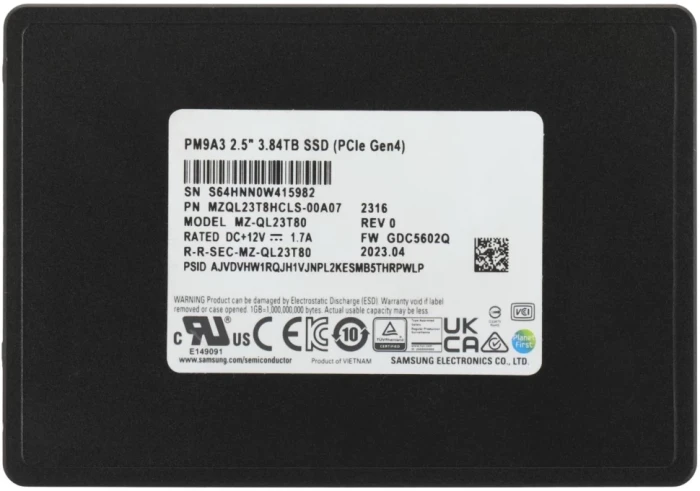 Накопитель SSD Samsung 3.84 ТБ PM9A3 2.5" PCIe 4.0 x4 (MZQL23T8HCLS-00A07)
