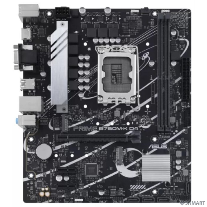 ASUS PRIME B760M-K D4 (Socket 1700, mATX, 2xDDR4(64GB), VGA/HDMI 2.1, 1xPCIe 4.0x16/2xPCIe 4.0, 1xLAN (2.5GbE), 4xSATA 6Gb/s, 2xM.2, 4xUSB 3.2, 2xUSB 2.0, 1xPS/2)
