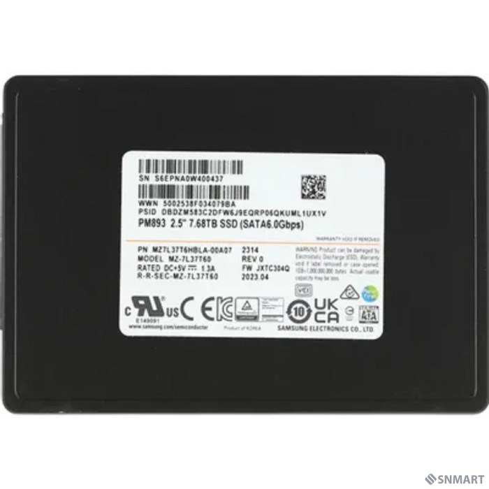 Samsung SSD 7680Gb PM893 MZ7L37T6HBLA-00A07 Data Center SSD, 2.5'' 7mm, SATA