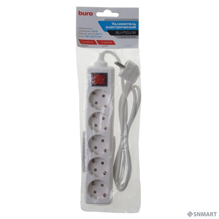 BURO Сетевой удлинитель 5 розеток, 1.5 метра (BU-PS5.1/W), белый (пакет ПЭ) [475296]
