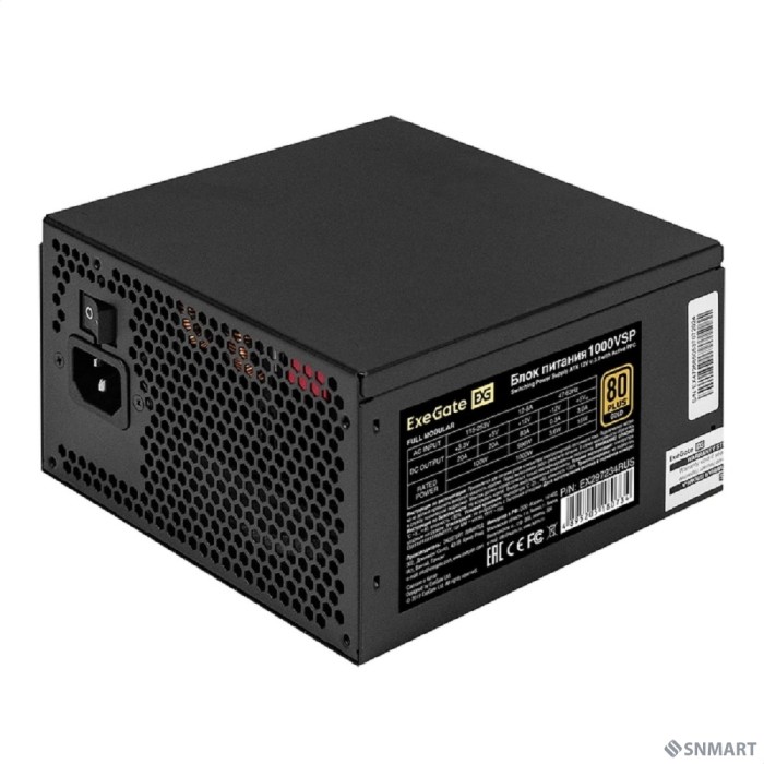 Exegate EX297234RUS Блок питания 1000W ExeGate 80 PLUS® GOLD 1000VSP FC (ATX3.0, APFC, КПД 90% (80 PLUS GOLD), 120mm fan, 24pin, 2x(4+4)pin, PCIE5.0/12VHPWR, 4xPCI-E, 6xSATA, 3xIDE, 1xFDD, Full Cable