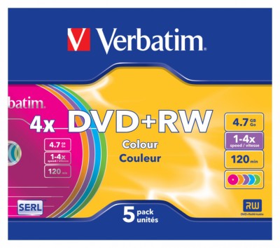 Диск DVD+RW Verbatim 4.7Gb 4x Slim case (5шт) Color (43297)