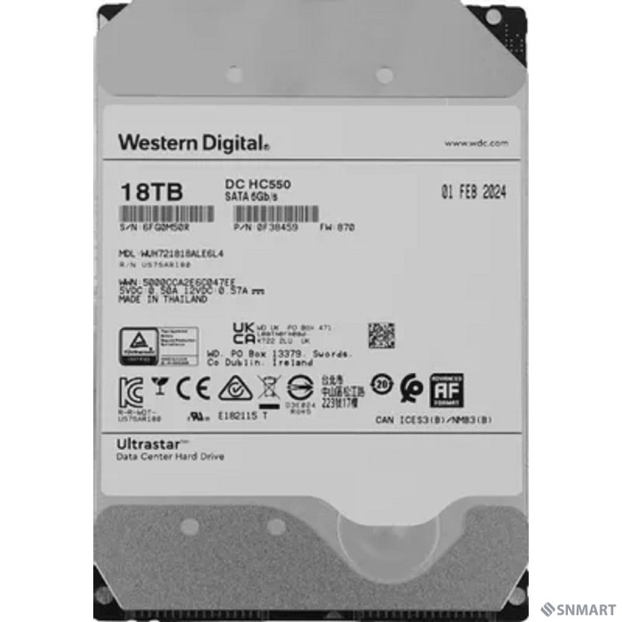 18Tb WD Ultrastar DC HC550 [SATA 6Gb/s, 7200 rpm, 512mb buffer, 3.5"] [0F38459/0F38467/WUH721818ALE6L4]