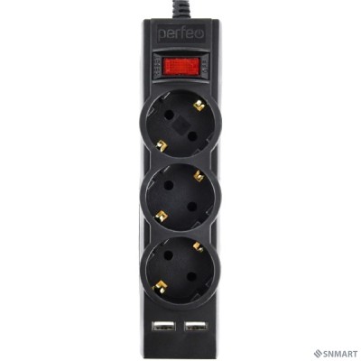 Perfeo сетевой фильтр &quot;POWER-S&quot;, 1,8м, 3 розетки 10А, 2USB, 2500 Вт, двойная защита, черный.