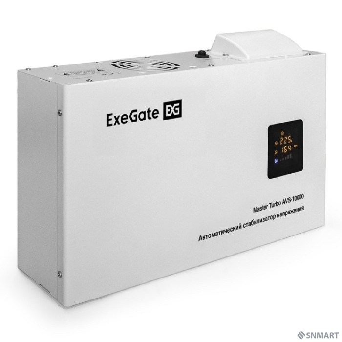 Exegate EX291751RUS Стабилизатор напряжения ExeGate Master Turbo AVS-10000 (10000ВА, 100-265В, цветной дисплей, 220В±8%, КПД 98%, 5 уровней защиты, задержка, усиленный метал.корпус, клем.колодка+еврор