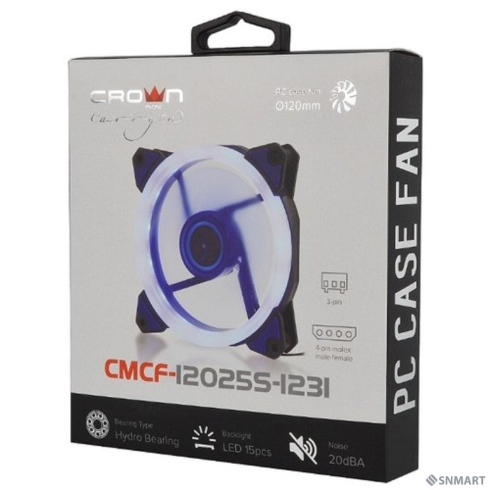 CROWN Вентилятор для компьютерного корпуса CMCF-12025S-1231 (120*120*25мм;Синее LED кольцо;1500 об/мин;35CFM;20Дб;Подшипник скольжения;3pin+MOLEX(папа-мама) 40+10см)