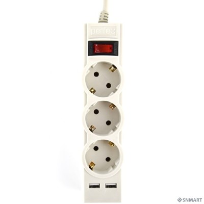 Perfeo сетевой фильтр &quot;POWER-S&quot;, 3,0м, 3 розетки 10А, 2USB, 2500 Вт, двойная защита, серый.