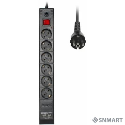 BURO Сетевой фильтр, 6 розеток, 1.8 метров (BURO BU-SP1.8_USB_2A-B), черный (коробка) [992310]