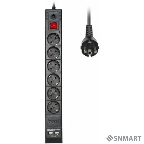 BURO Сетевой фильтр, 6 розеток, 1.8 метров (BURO BU-SP1.8_USB_2A-B), черный (коробка) [992310]