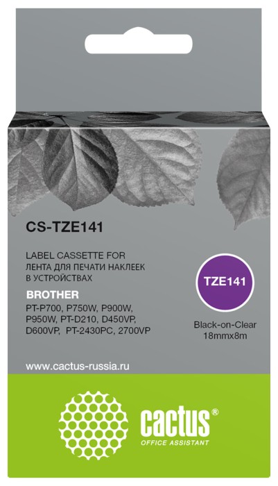 Картридж ленточный Cactus CS-TZE141 TZe-141 черный для Brother PT-P700, P750W, P900W, P950W, PT-D210, D450VP, D600VP, PT-2430PC, 2700VP