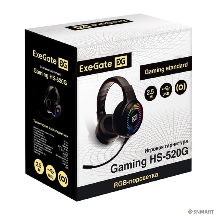 Exegate EX295316RUS Полноразмерные игровые наушники с микрофоном (гарнитура) ExeGate Gaming HS-520G (USB, 2x3.5мм, динамик 40мм, 20-20000Гц, длина кабеля 2.5м, регулировка громкости, RGB подсветка)