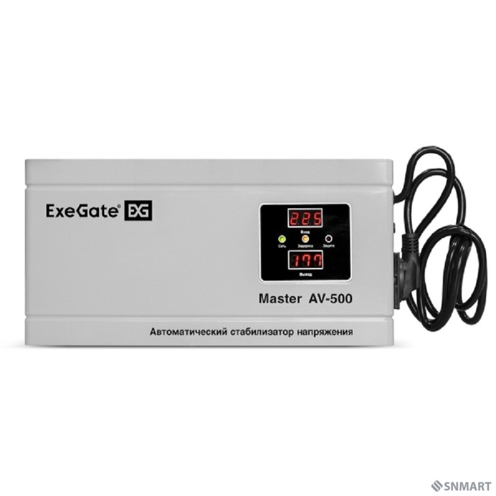 Exegate EX291736RUS Стабилизатор напряжения ExeGate Master AV-500 (500ВА, 140-260В, цифр. индикация вход/вых. напряжения, 220В±8%, КПД 98%, 5 уровней защиты, задержка, метал.корпус, евророзетка, RTL)