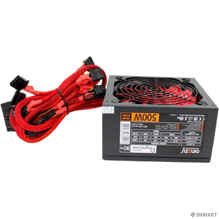 Ginzzu PC500 14CM(Red) 80+ black,APFC,24+4p,2 PCI-E(6+2), 5*SATA, 4*IDE,оплетка, кабель питания,цветная коробка